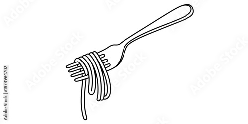 A simple black and white line drawing of a metal fork with spaghetti twisted around the tines Vector, illustration