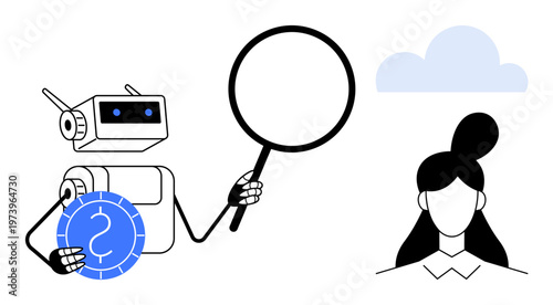 Artificial intelligence, user authentication, identity verification, technology analysis, cloud computing, data security. A robot holding a coin and magnifying glass examines a user ion. AI and user