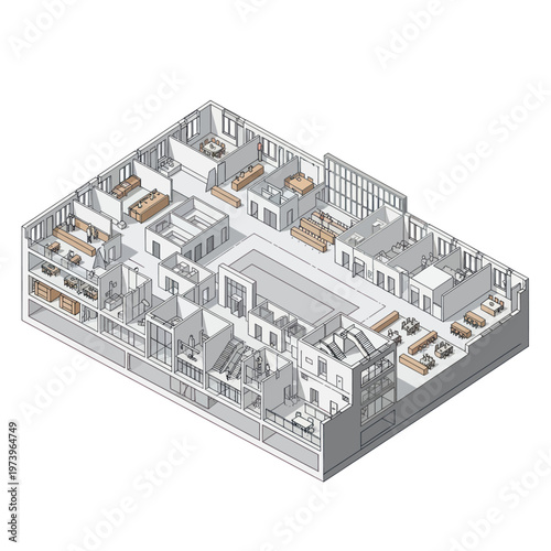 Isometric architectural visualization of a modern multi-story building interior.