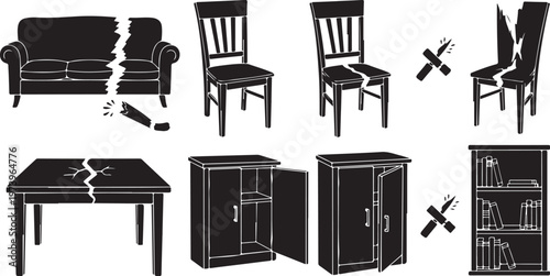 Damaged furniture icons in black and white illustration style