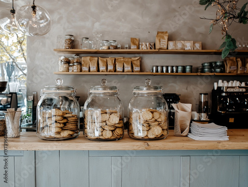 Three large cookie jars on a cafe counter, with shelves of various goods, a coffee machine, and rustic interior details