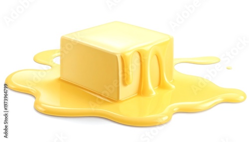 A yellow cube with melted substance pooling around it