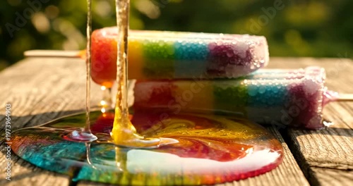 Rainbow Popsicles on Wooden Table Melting.