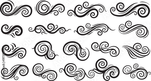 Black and white swirling abstract decorative design elements set
