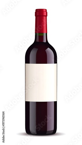 A wine bottle with a red cap and a blank white label