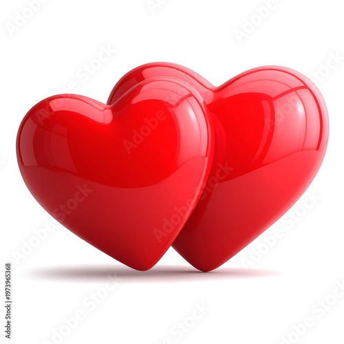 Two shiny red hearts side by side on white background