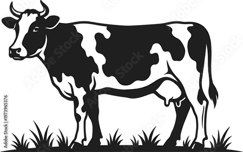 Black and white cow illustration standing on grass, farm animal silhouette design, livestock concept, dairy farming symbol, rural agriculture vector isolated on light background