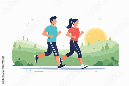 Couple Jogging Together in Nature Flat Design Healthy Lifestyle Illustration