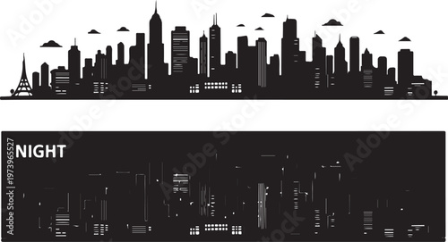 City Skyline at Night with Skyscrapers and Flying Objects