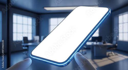 Glowing blue frame smartphone template floating in blurred professional workplace setting for application software design.