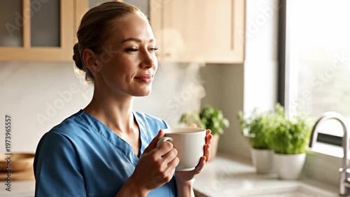 Female healthcare professional in blue scrubs enjoying a hot beverage in a home kitchen