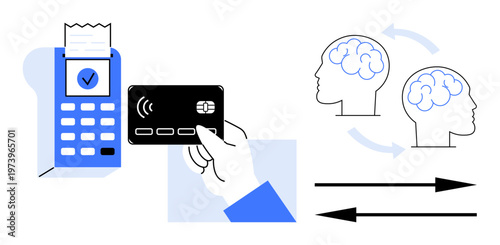 Digital payment, cognitive exchange, cashless transactions, fintech, knowledge sharing, modern finance. Hand holding credit card near payment terminal, brain exchange symbols with arrows. Digital