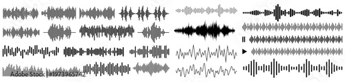 Podcast sound waves. Audio wave forms line, sound wave frequency or voice microphone signals.. Audio sound wave waveform music pulse equalizer elements collection