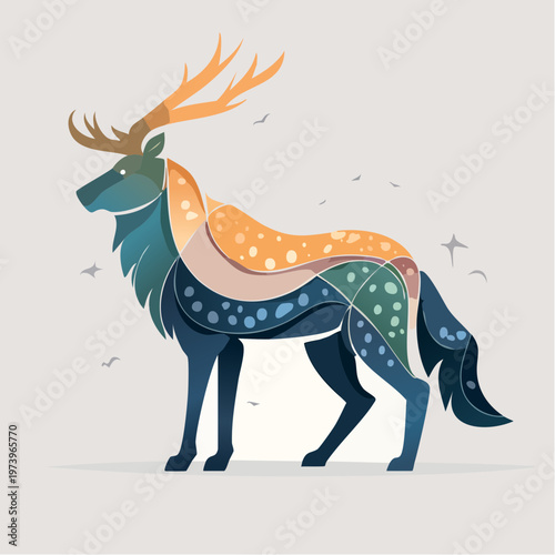 Abstract Woodland Spirit A Majestic Antlered Creature Symbolizing Nature's Fusion and Interconnectedness through Stylized Graphic Art