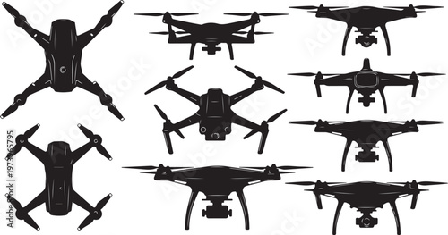 Collection of various drone silhouettes in different angles shown