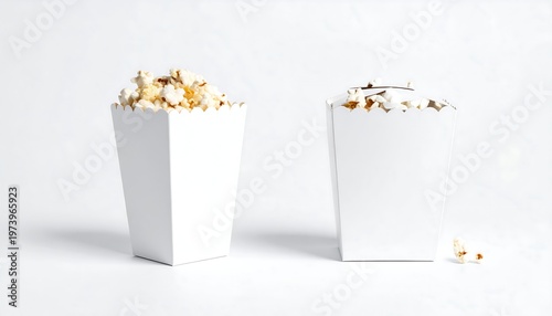 Two white containers filled with popcorn on a plain surface