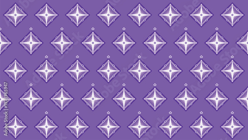 Seamless geometric pattern with elegant purple and white diamond shapes, featuring stylized star or compass rose motifs, creating a modern, abstract background, ideal for digital wallpaper,