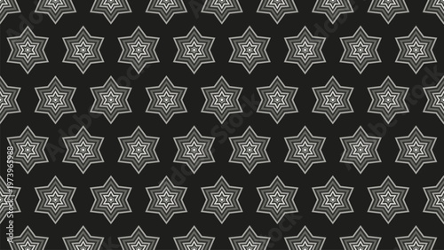 Geometric seamless pattern with elegant six-pointed stars, concentric silver, gray, white layers on deep black. Modern, clean, sophisticated repeating texture for wallpaper, fabric, digital