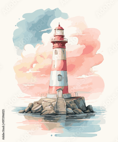 Clean vector watercolor art of a cone shaped lighthouse rising from the sea, with soft splashes and blended colors, expressing serenity, guidance, and a tranquil seaside view.