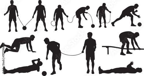 Silhouette of man exercising with jump rope and push-ups