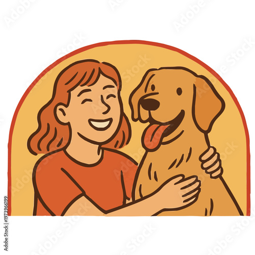 Clean vector portrait art of a young woman caressing her dog, showing tenderness, care, and emotional connection in a simple, peaceful, and heartwarming scene.