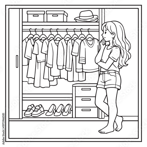 Vector frame illustration of a woman standing beside a wardrobe filled with clothes and shoes, thoughtfully choosing an outfit, capturing a stylish daily fashion moment.