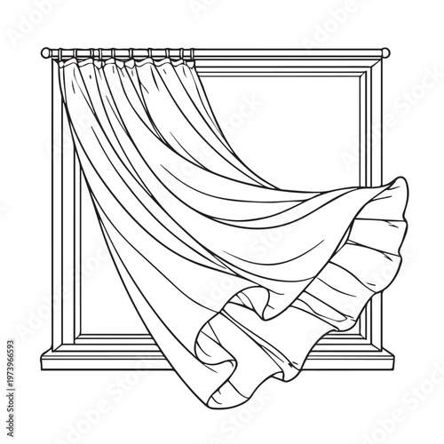 Minimalist vector artwork showing a curtain flowing from an open window as the wind passes through, with clean lines and a serene, refreshing indoor scene full of quiet motion.