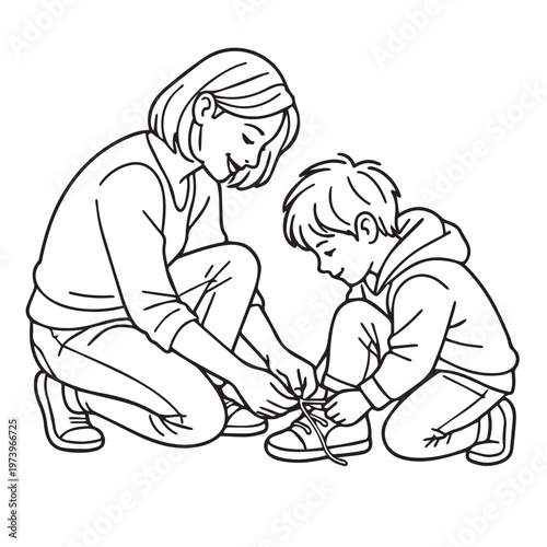 Vector illustration of a mother teaching her young son how to tie his shoelaces, capturing a warm and caring moment of learning, guidance, and everyday family bonding.