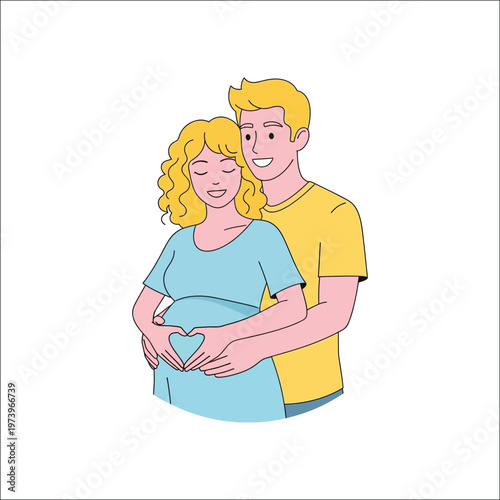 Happy husband hugging pregnant wife with heart hands on belly illustration