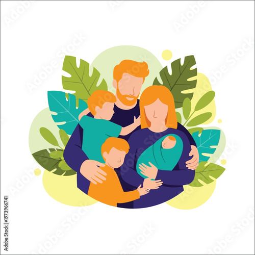 Big happy family with children and newborn baby flat vector illustration