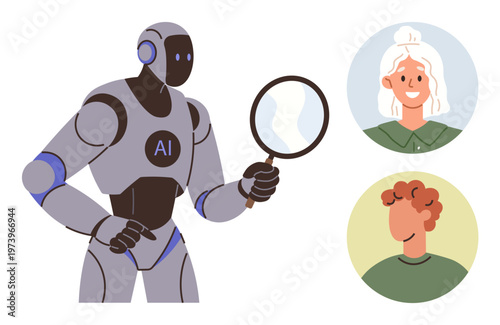 Facial recognition, data analysis, AI technology, biometrics, identity verification, user profiling. Robot with magnifying glass evaluates human profile images. Facial recognition and data analysis