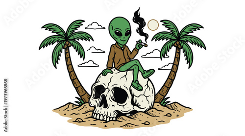 Green Alien Character Sitting on Skull Smoking Cigarette in Tropical Beach Paradise Illustration with Palm Trees