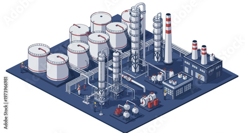 Isometric Industrial Oil Refinery Plant with Storage Tanks and Chimneys.