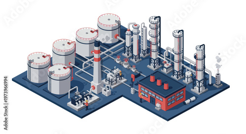 Isometric Industrial Oil Refinery Plant with Storage Tanks and Processing Units.
