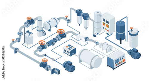 Isometric Industrial Pipeline System with Valves and Pumps.
