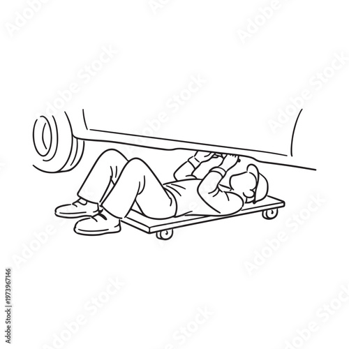 Line drawing of a mechanic lying on a creeper while working under a car chassis.