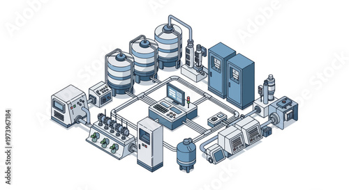 Isometric Industrial Plant with Tanks and Machinery.