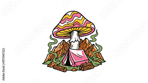 Trippy Psychedelic Mushroom Camping Illustration with Mountain Landscape and Pink Tent for Outdoor Adventure