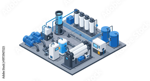 Isometric Industrial Water Treatment Plant with Pumps and Filtration System.