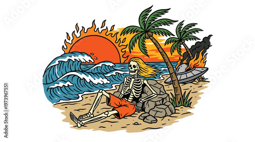 Retro Skeleton Surfer Illustration on Tropical Beach with Sunset and Crashed UFO Alien Spaceship Vector