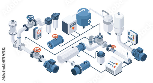 Isometric Industrial Water Treatment System Diagram with Pipes and Valves.