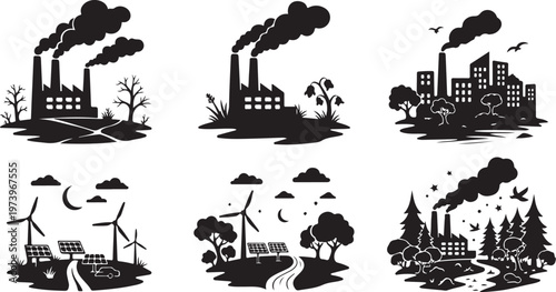 Environmental pollution and renewable energy icons in black