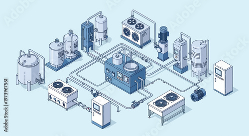 Isometric Industrial Water Treatment Plant with Tanks and Pumps.
