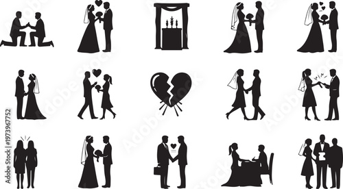 Black silhouettes of couples in various romantic relationships stages