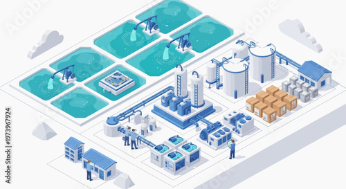 Isometric Smart Farm and Aquaculture System with Modern Technology.