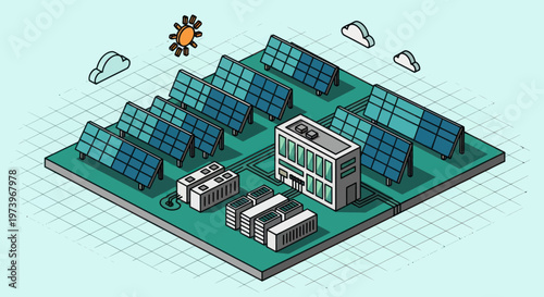 Isometric Solar Panel Farm with Buildings and Clouds.
