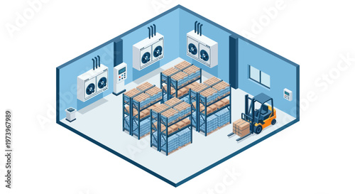 Isometric view of a cold storage warehouse with refrigeration units and forklift.