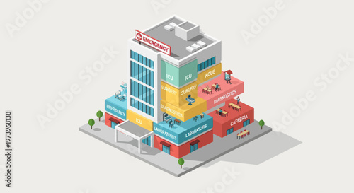 Isometric View of a Modern Hospital Building with Multiple Floors and Helipad.