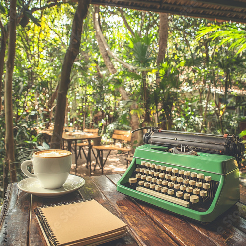 Vintage green typewriter, coffee, and notebook on a wooden table, set against a lush, sun-dappled tropical forest background