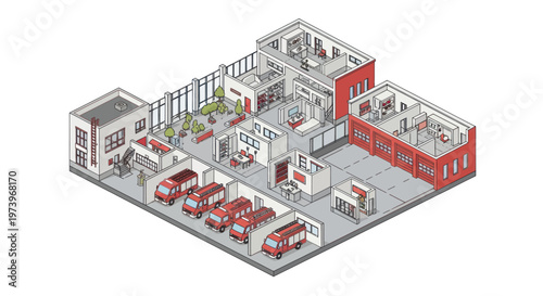 Isometric view of a modern fire station with living quarters and apparatus bay.